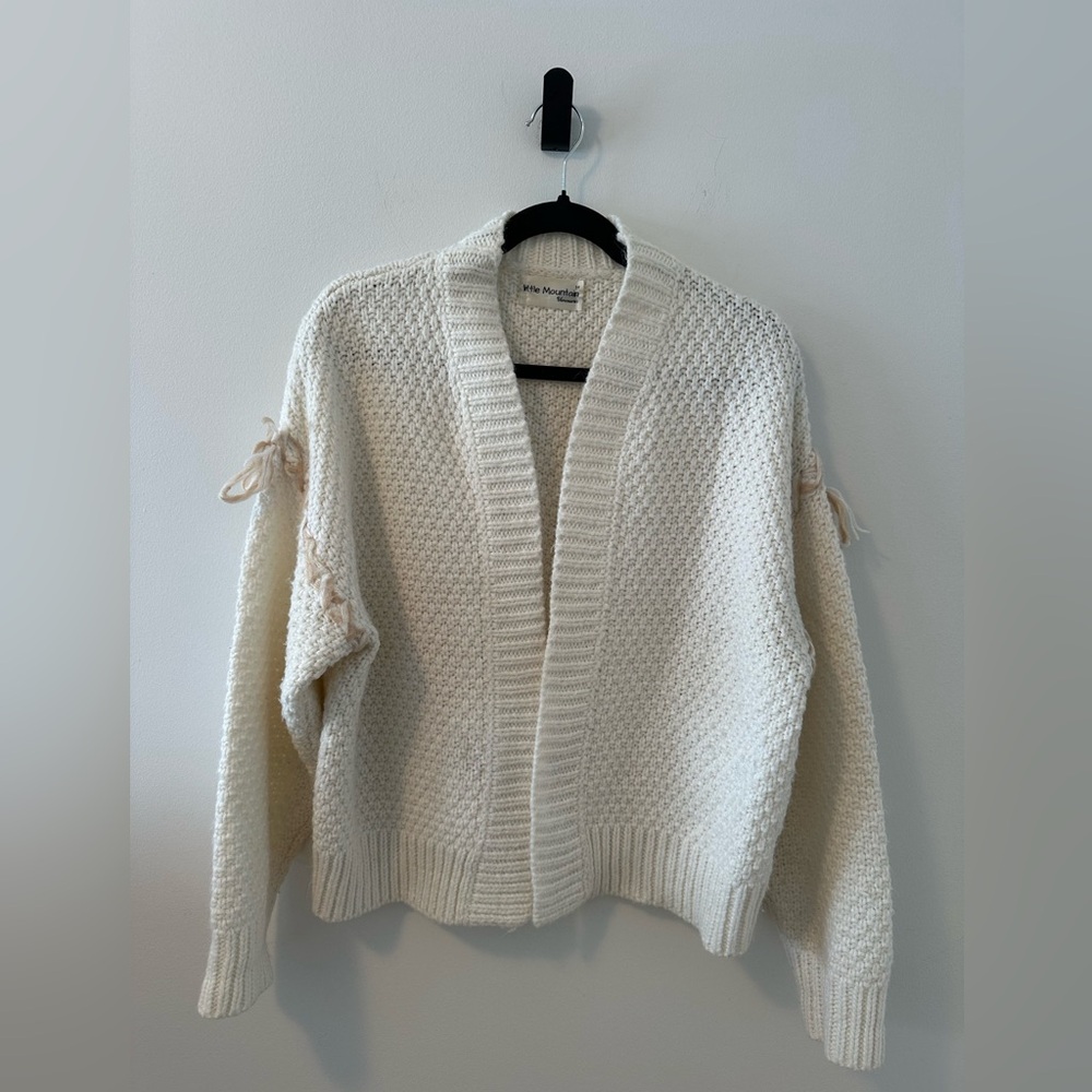 Little Mountain Women’s Elegant Cream Knit Open Front Cardigan w/Bow Accents SzM